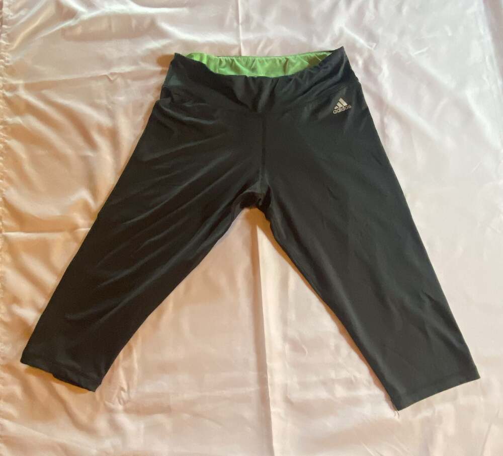 Adidas Climalite Women's Black Capri Athletic Leggings with Green Waistband